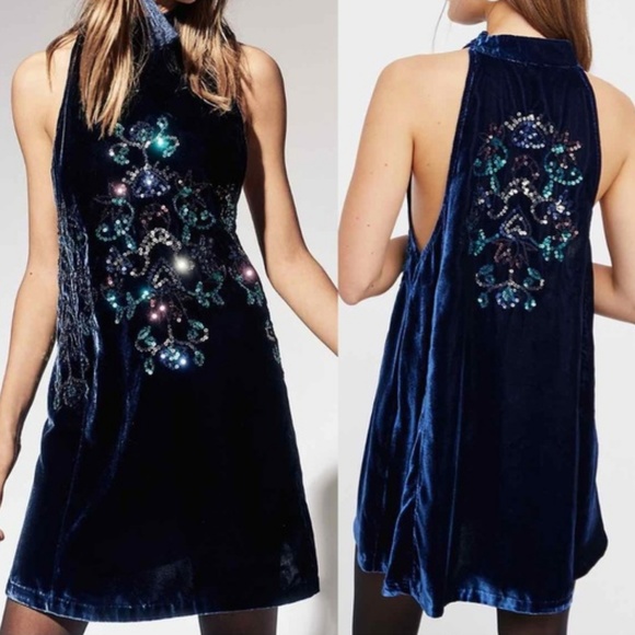 Free People Dresses & Skirts - FREE PEOPLE Blue Velvet Sequin Metallic Boho Swing Dress XS High Neck NWT $128